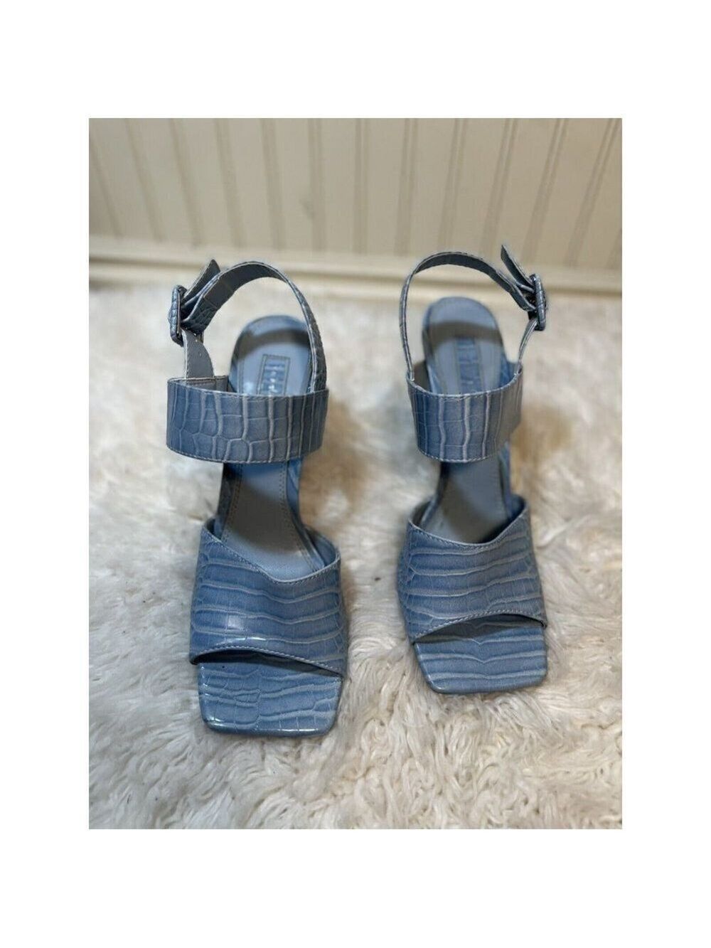 TOP-SHOP Natasha Croc Embossed Flare Heel Sandal  Blue s